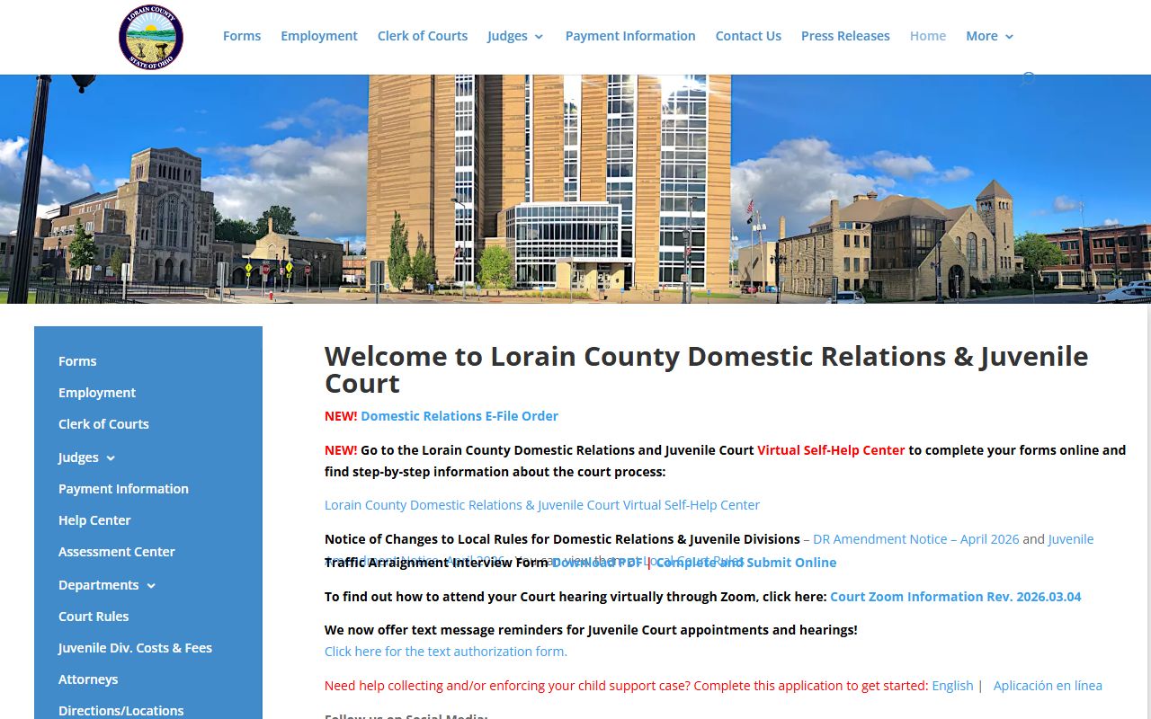 Lorain County Domestic Relations Court homepage for divorce court records