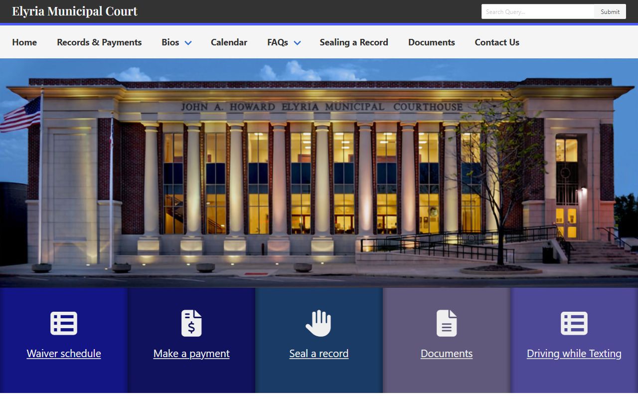 Elyria Municipal Court homepage for Lorain County court records and payments