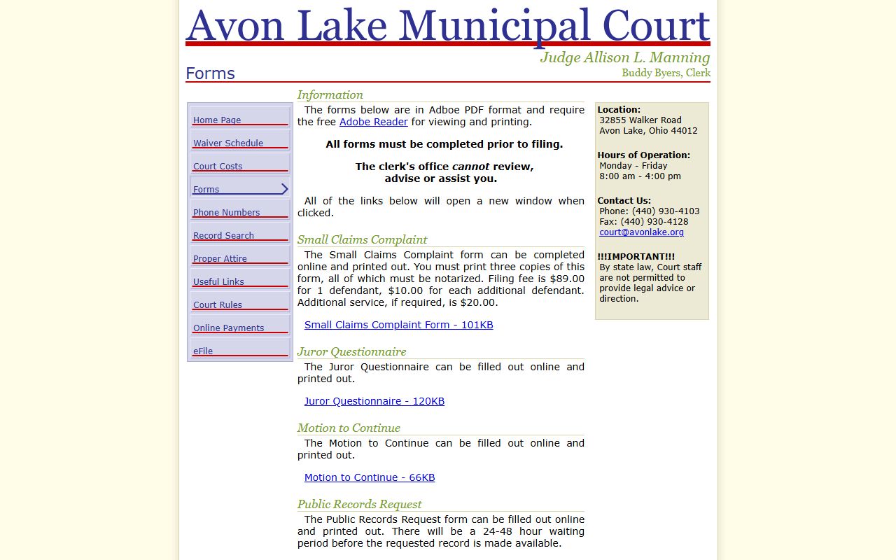 Avon Lake Municipal Court forms page for Lorain County traffic court records requests