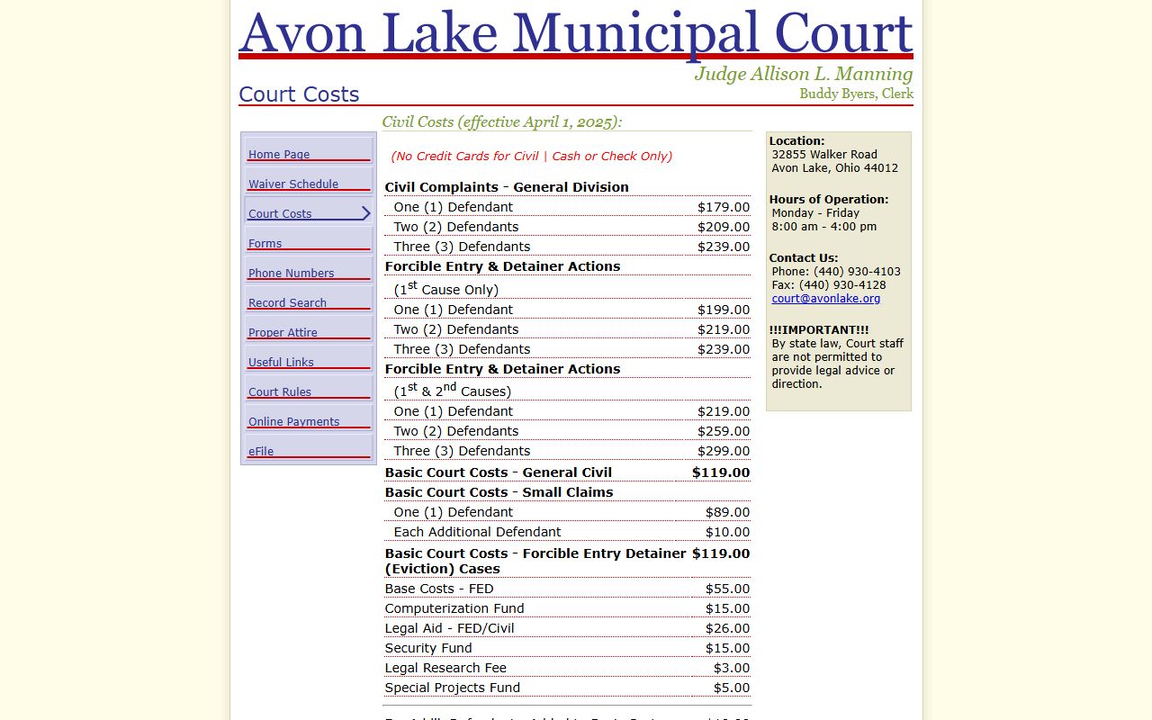 Avon Lake Municipal Court costs page for Lorain County traffic court records fees