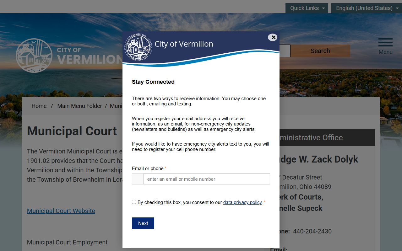 Vermilion Municipal Court city page for Lorain County traffic court records