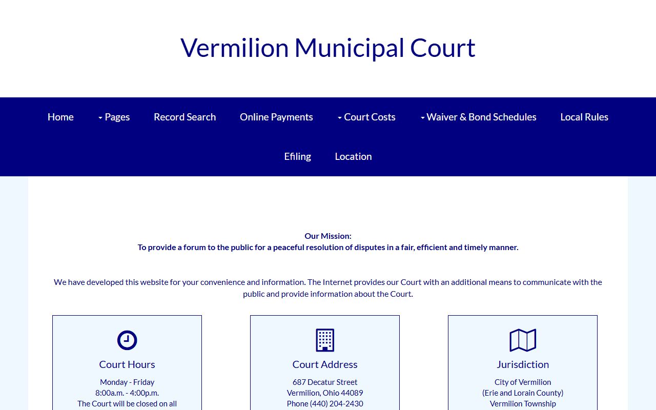 Vermilion Municipal Court website homepage for Lorain County traffic court records