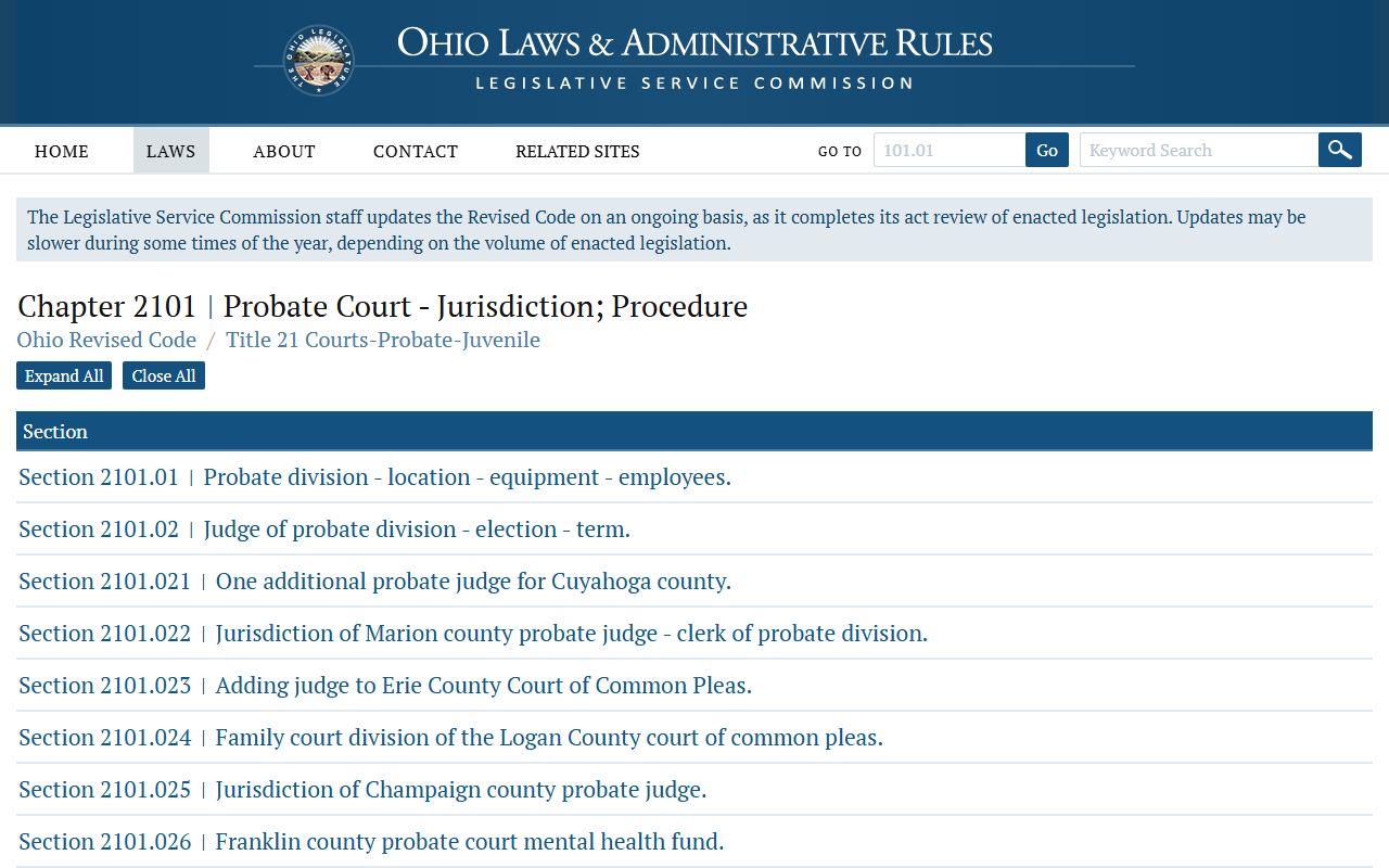 Ohio Revised Code Chapter 2101 probate court statute for Lorain County probate records