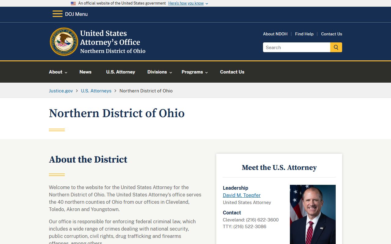 U.S. Attorney Northern District of Ohio page for federal Lorain County criminal records