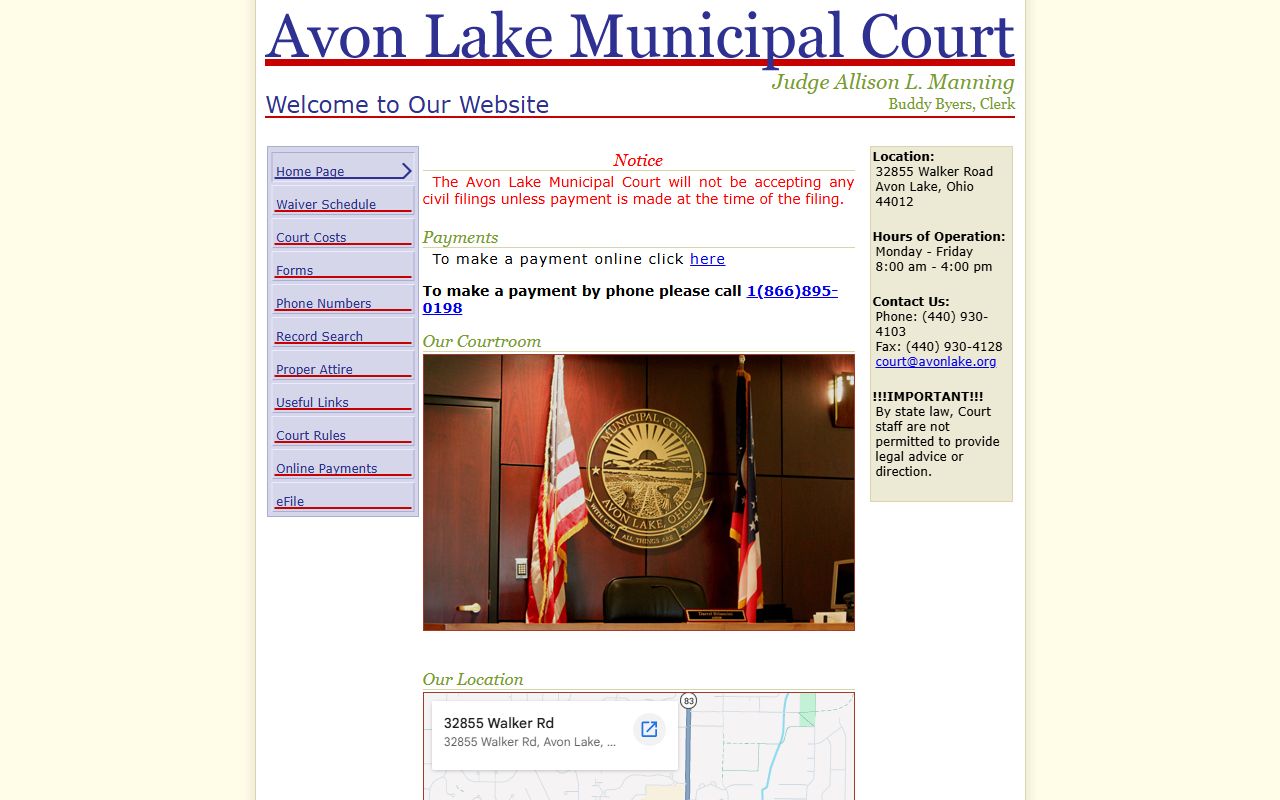 Avon Lake Municipal Court homepage for Lorain County traffic court records and citation lookup