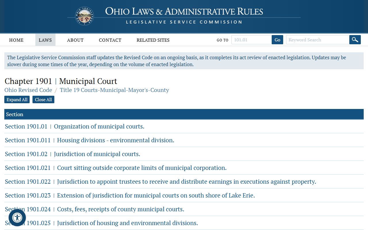Ohio Revised Code Chapter 1901 governing Lorain County municipal court records