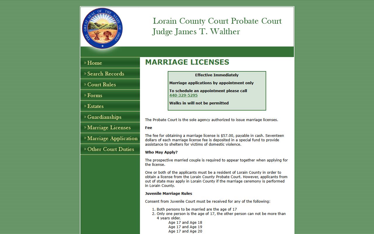 Lorain County Probate Court marriage license requirements page for marriage records