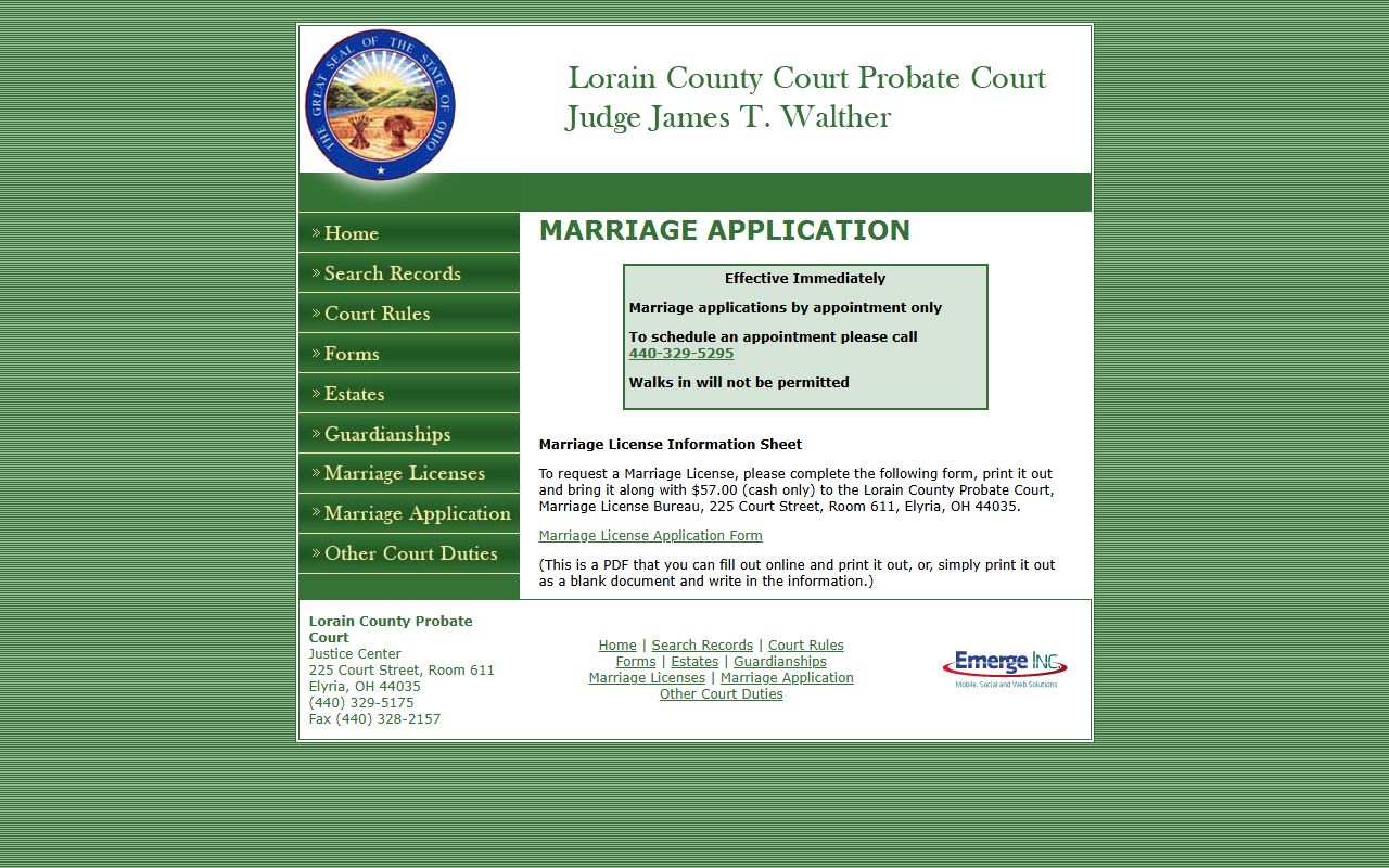 Lorain County Probate Court marriage license application form for marriage records
