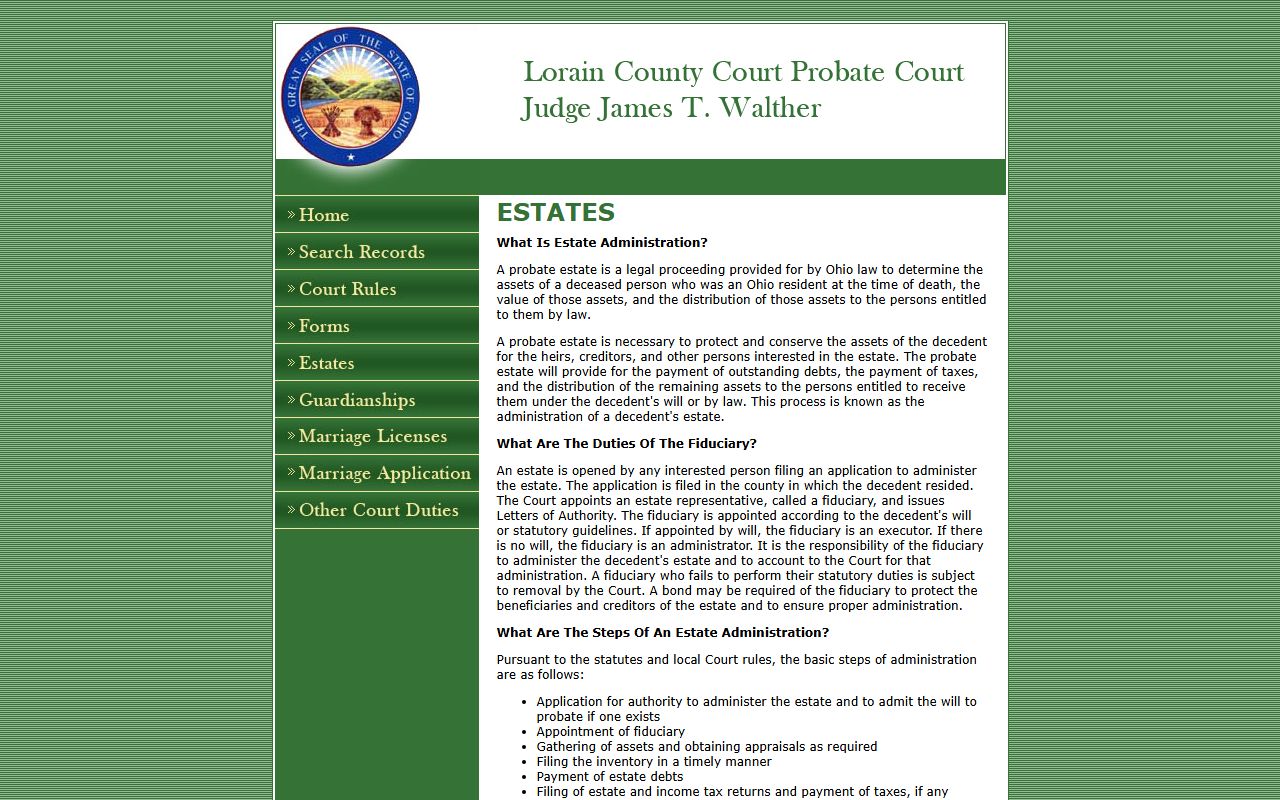 Lorain County Probate Court estates page for probate records and estate administration