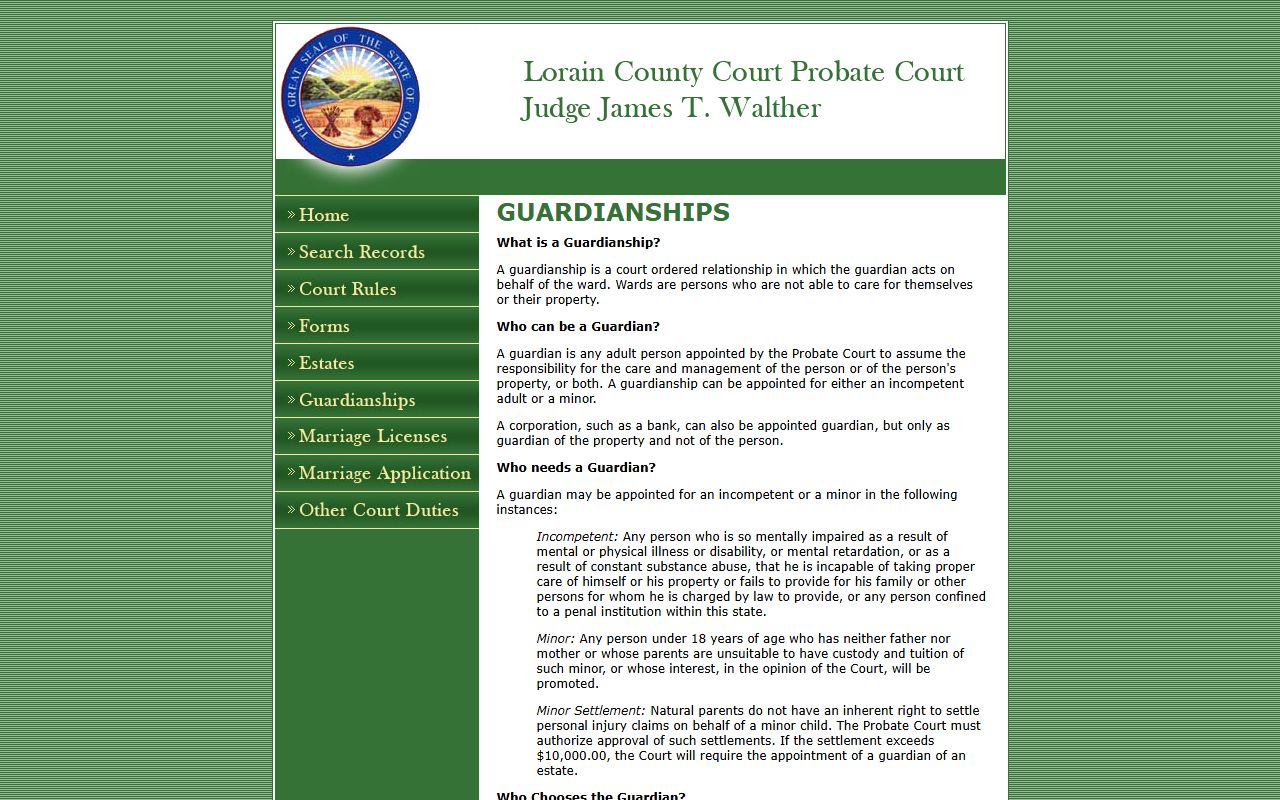 Lorain County Probate Court guardianships page for probate records and ward protection
