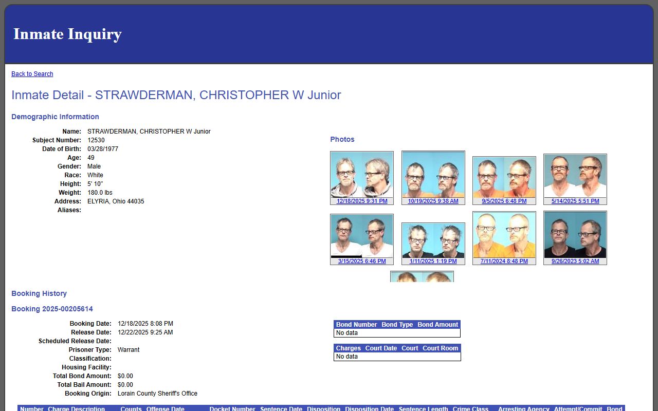 Lorain County sample inmate profile detail record showing booking and charge fields