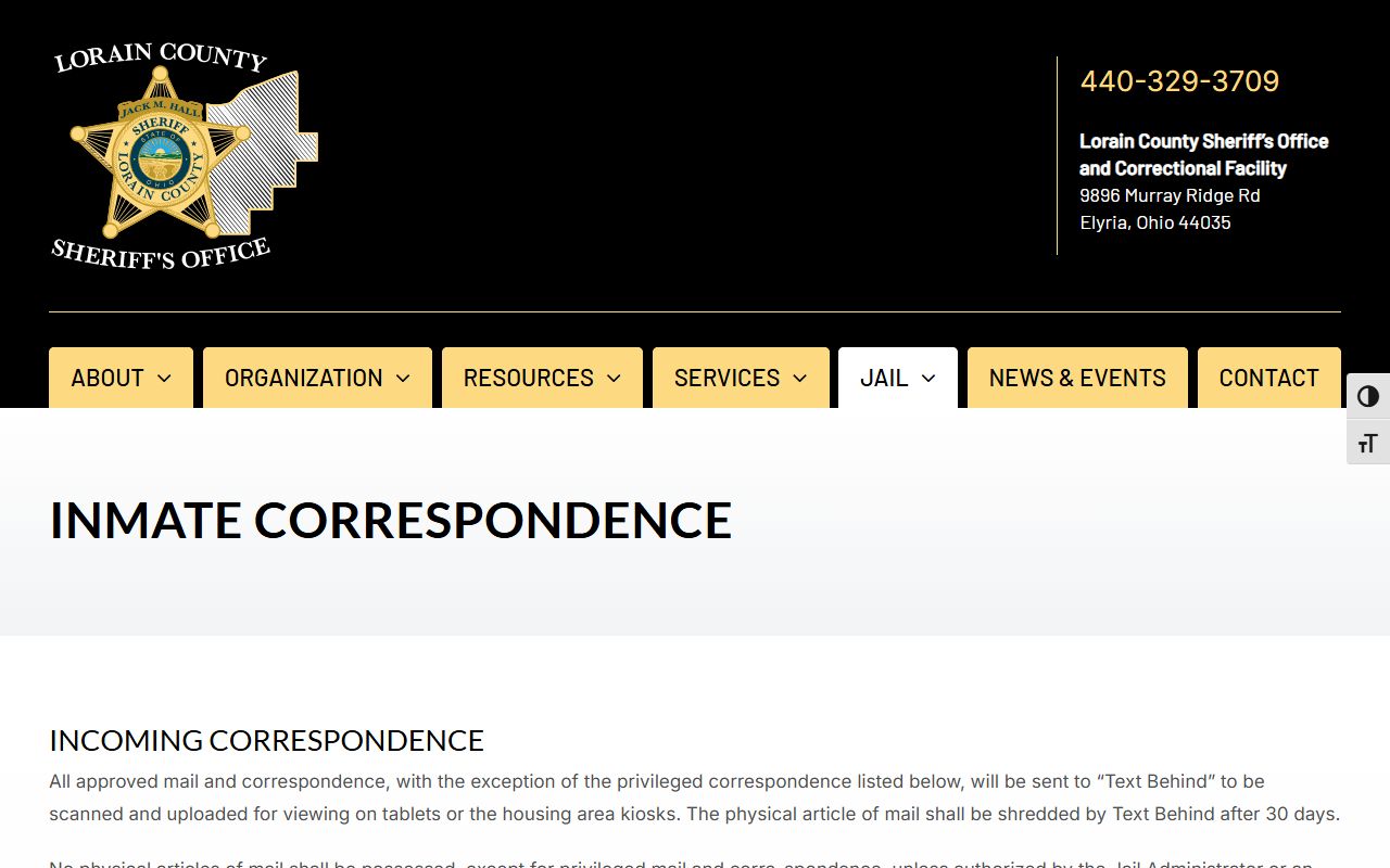 Lorain County jail inmate correspondence and mail rules for inmate records