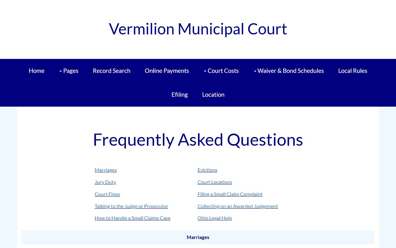 Vermilion Municipal Court FAQ page for Lorain County traffic court records questions