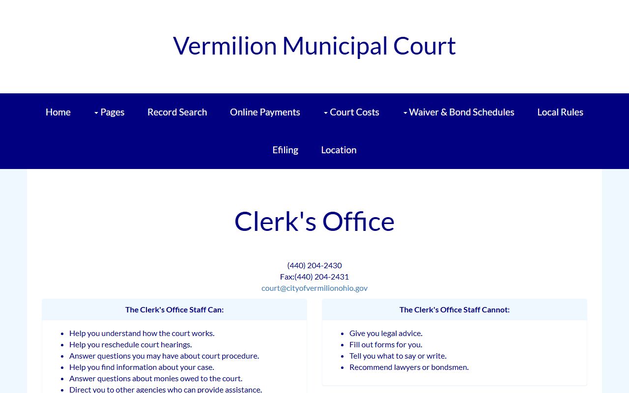 Vermilion Municipal Court clerk page for Lorain County traffic court records contacts