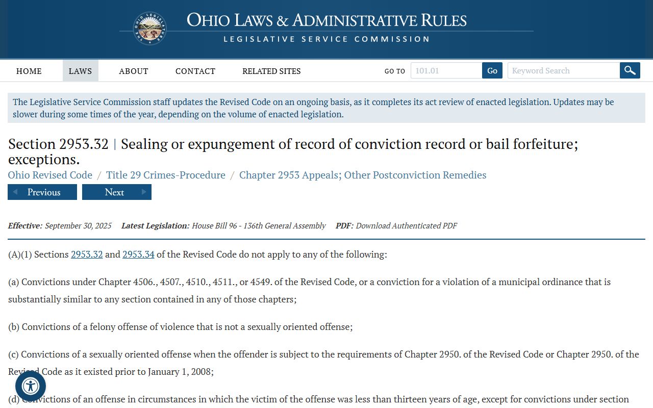 Ohio Revised Code 2953.32 sealing and expungement statute for Lorain County arrest records